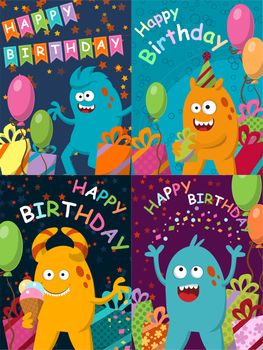 Funny monster with gifts and balloons. Happy Birthday. illustration