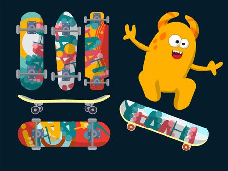 Bright skateboard on a dark background with a yellow monster. illustration