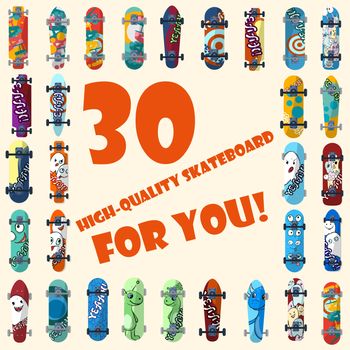 Big set of 30 high quality skateboards and skateboarding and elements of street style. Painted in bright figures in a cartoon style. illustration
