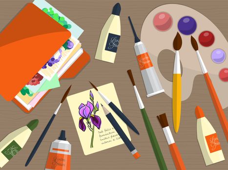 Collection of drawing tools and folder with papers on the table. illustration