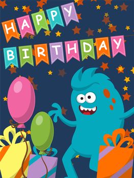 Funny monster with gifts and balloons. Happy Birthday. illustration