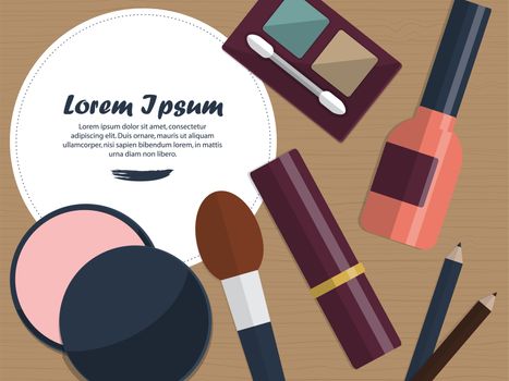 Womens cosmetics on a table with place for your text. Flat design. illustration