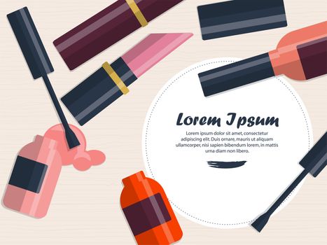 Composition with nail polish and lipstick on a table with place for your text. illustration