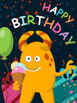 Funny yellow monster with ice cream celebrates its birthday. Postcard. illustration