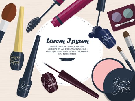 Set of female cosmetics for the eyes on a table with space for your advertising. illustration