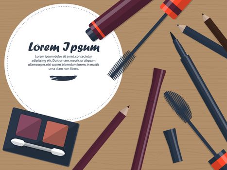 Set of female cosmetics for the eyes on a table with space for your advertising. illustration