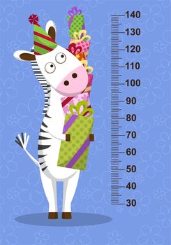 Cartoon zebra with gifts on blue background. Stadiometer. illustration