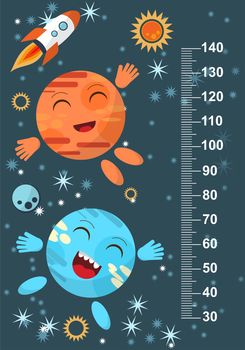 Funny planet on the background of stars meter wall from 30 to 140 centimeter. illustration