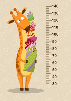 Cartoon giraffe with gifts on a beige background. Stadiometer. illustration