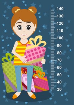 Cute girl with gifts meter wall from 30 to 140 centimeter. illustration