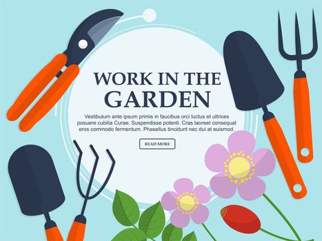 Set of garden tools and plants on a light background with place for your text. illustration