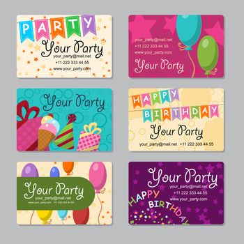Set of business card your party with gifts, balloons, ice cream and hat for your design. illustration