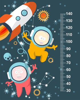 Funky monsters with a missile in space against the background of stars. Stadiometer. illustration