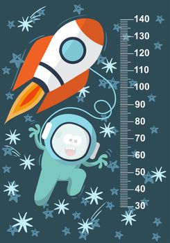 Funky blue monster with a missile in space against the background of stars. Stadiometer. illustration