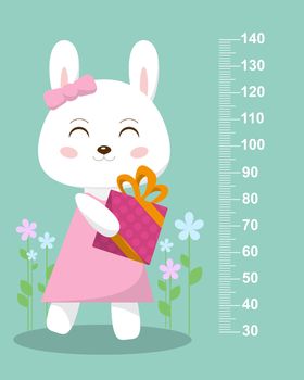 Cute bunny with a gift on a background of flowers. Stadiometer. illustration