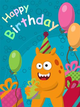 Funny yellow monster with gifts and balloons. Postcard. Happy Birthday. illustration