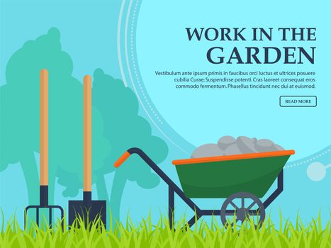 Wheelbarrow, shovel and pitchfork to work in the garden on a background of trees with space for your advertising. illustration