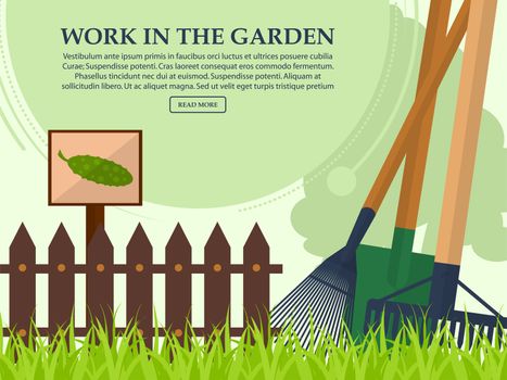 Garden tools and a fence on a light background with place for your text. illustration