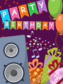 Birthday card with audio speakers, gifts and flags. illustration