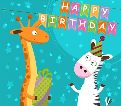 Postcard with giraffe and zebra, which celebrate the birthday. illustration