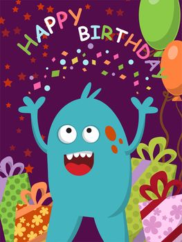 Happy blue monster with gifts and balloons celebrating his birthday. illustration