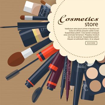 Large collection of womens cosmetics with space for your advertising. illustration