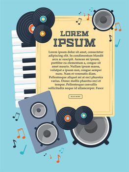Frame with records, piano keys, speaker and notes for your design. illustration