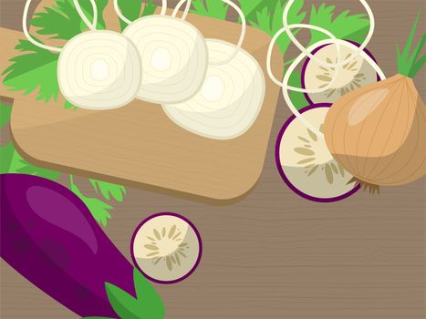 Set with onions, eggplant, parsley and kitchen plates on a table with space for your advertising. illustration