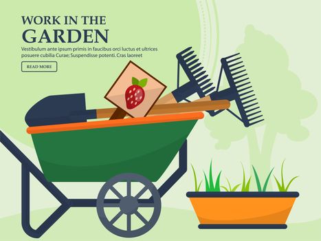 Wheelbarrow with garden tools and a long pot plants on a light background with a place for your advertising. illustration