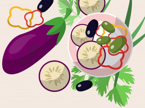 Still life with eggplant, chopped peppers, olives, fresh herbs and a plate on the table. illustration