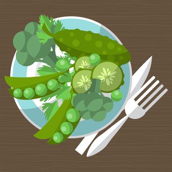 Set of green vegetables on a plate with a fork and knife. illustration
