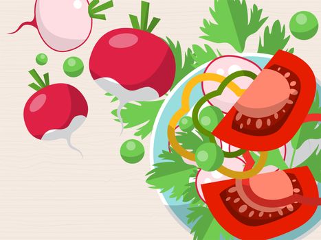 Set of radishes, peas, diced tomatoes, pepper and parsley on the table with place for your text. illustration