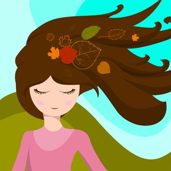 Cute girl with leaves in her hair, which are developed in the wind. illustration