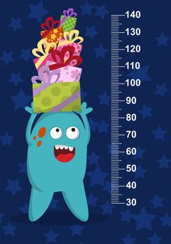 Happy blue monster with gifts on background with stars. Stadiometer. illustration