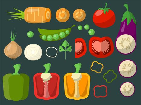 Set of chopped vegetables on a green background for your design. illustration