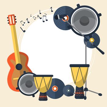 Frame with a guitar, speaker, records, microphone and drums on a light background. illustration