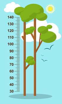 Trees on blue background. Children height meter wall sticker, kids measure. illustration