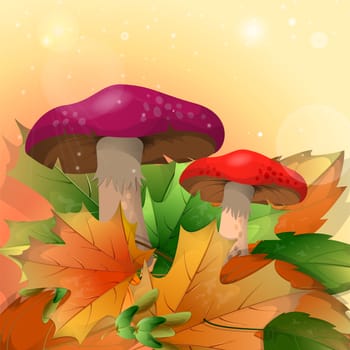 Red mushrooms and autumn leaves on a light background. illustration