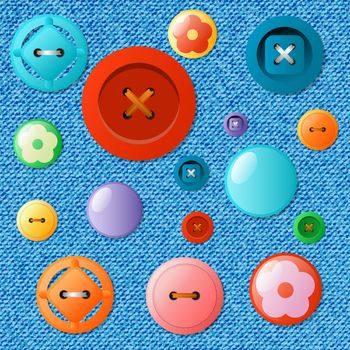 Set of multicolored buttons on a jeans background. illustration