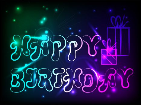 Birthday postcard with birthday greetings with neon glow effect. illustration