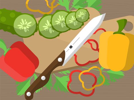 Still life with sliced vegetables on a table with a knife, cutting board and parsley. illustration