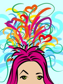 A girl with thoughts about something, chaotic colorful ideas. illustration
