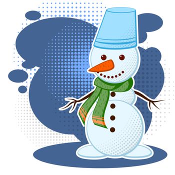 Cute white snowman in a cold winter. Can be used as a postcard. illustration