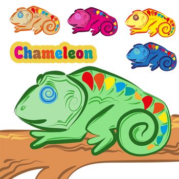 a set of multi-colored chameleons sitting on a tree. Cartoon design. illustration