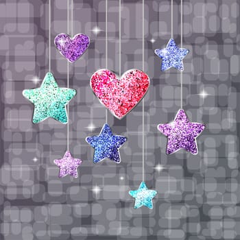 Heart, stars and bright background. Postcard or banner on the holiday. illustration