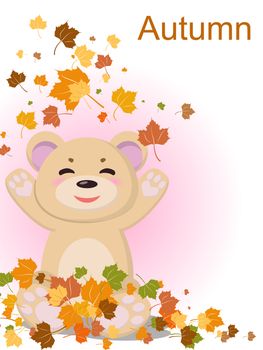 A pretty bear with a smile is pleased with the arrival of autumn and the fallen yellow leaves from the trees. illustration