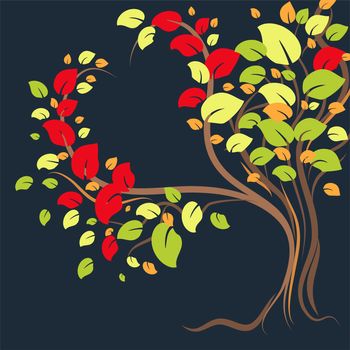 A beautiful lonely tree with colorful leaves in the shape of a heart. illustration