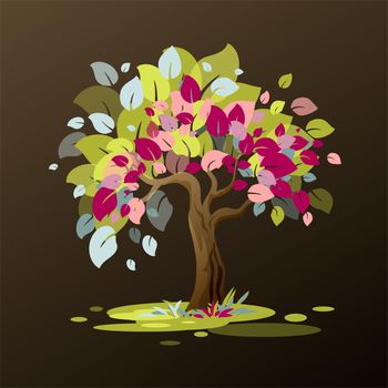 An unusual tree with multi-colored leaves is painted with the effect of paints. illustration
