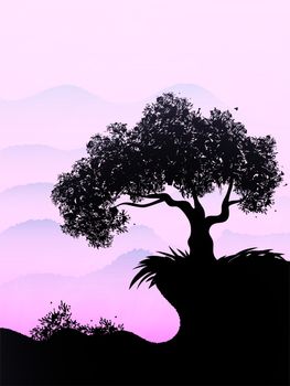 Lonely ebony grows on a hill in the violet sky. illustration