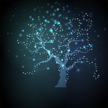 Dark neon lonely tree with space for text. illustration